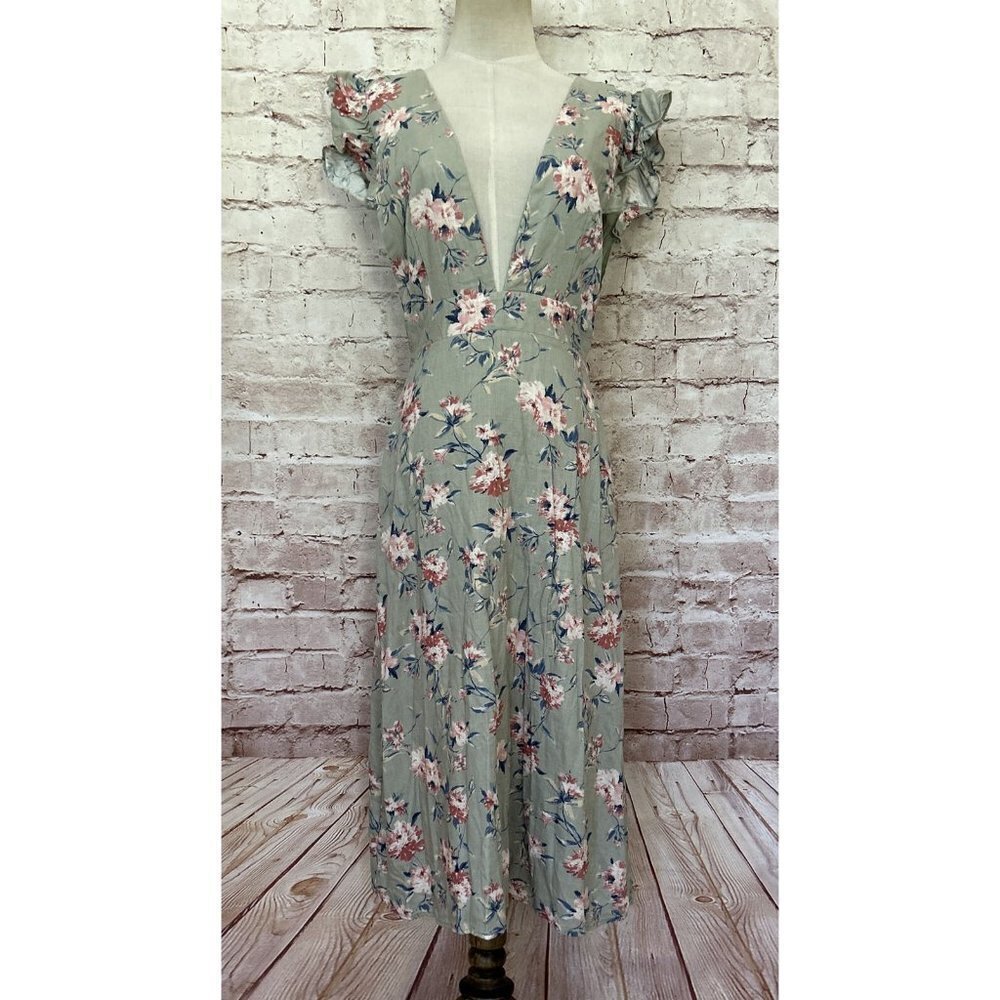 STORIA Floral Deep V Neck Sheath Dress S Green Cap Sleeve Open Back Linen Blend